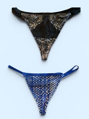 Victoria's Secret Lace Thong Panties (Set of 2) Black & Blue. NWOT. Sz. L